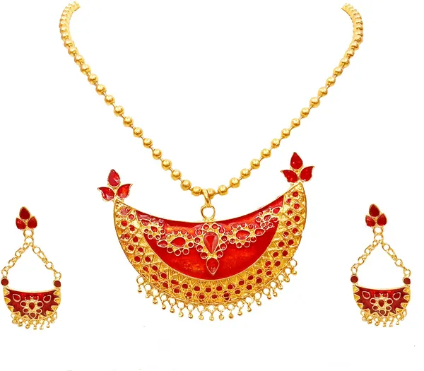Assamese_Traditional_Gold_Plated_Red_Colour_Joonbiri_Chain_Jewellery_Set_For_Women_&_Girl